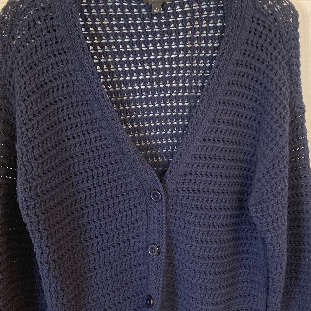 Talbots Navy Open-Knit V-Neck Button Front Cardigan - Picture 3 of 9
